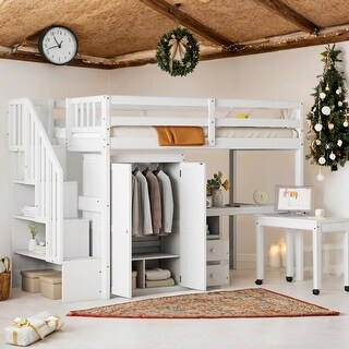 Multifunctional Loft Bed with Stairs,Bookshelf,Drawers,Desk & Wardrobe,Twin Size for Bedroom