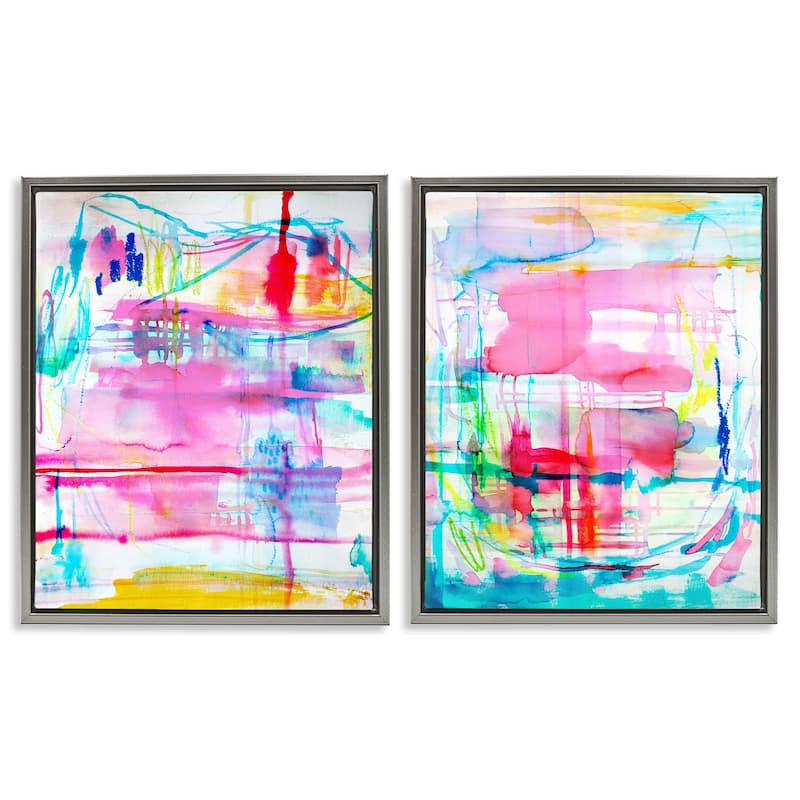Stupell Vibrant Chaos Abstractions Framed Floater Canvas Wall Art Design By Gemma Bardot (Set of 2) - 17 x 21 - Grey