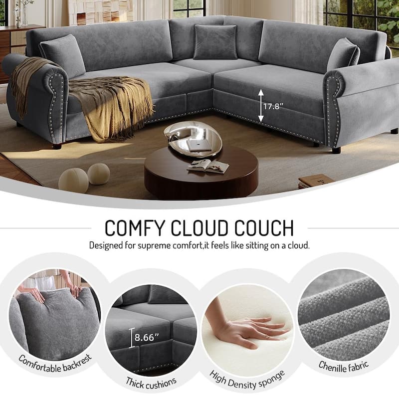 88.2" L-Shaped Sleeper Sectional Sofa with Pull-Out Bed - Chenille Convertible Couch, Nailhead Trim, for Living Room
