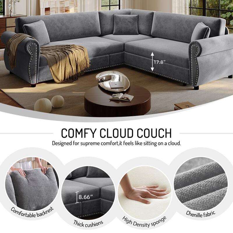 Homy Casa L-Shaped Sectional Sofa w/ Pull-Out Bed, Chenille Sleeper Couch w/ Nailhead Trim & Rolled Arm, Oversize