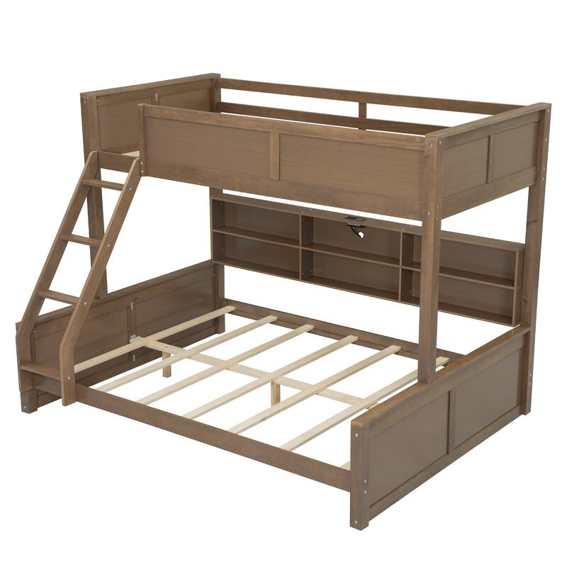 Twin XL over Queen Bunk Bed with Storage Cabinets and USB Ports in Antique Wood Finish