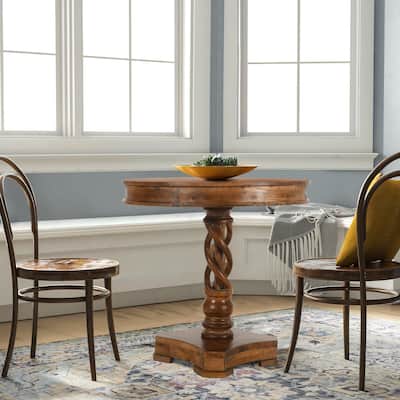 30 Inch Handcrafted Round Mango Wood Dinette, Artisanal Twisted Pedestal Base, Walnut Brown