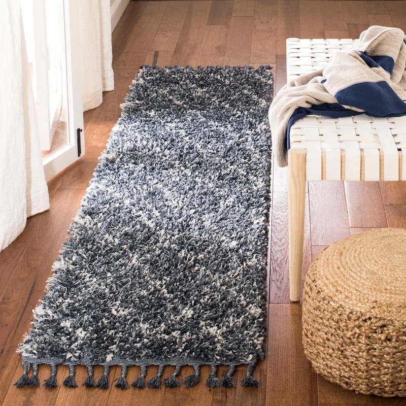 SAFAVIEH Pro Luxe Shag Yuna Moroccan Tassel 2.4-inch Thick - 2' x 8' - Blue/Cream - Runner
