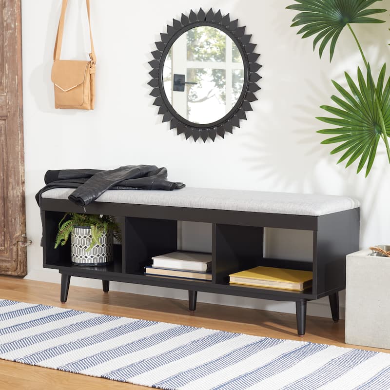 SAFAVIEH Cricket Mid-Century Modern Open Shelf Storage Bench with Cushion - Grey Linen/Black