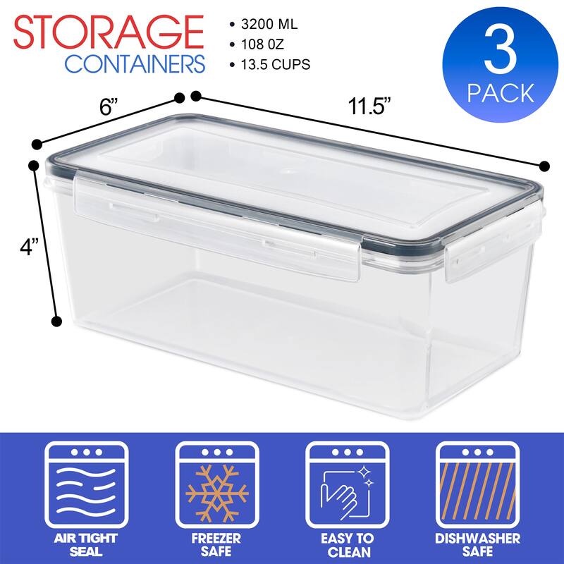 Sorbus Large Food Storage Containers - Pack of 3 with Air Tight, Four-Way Snap Lids - 11.5 x 6 x 4 in