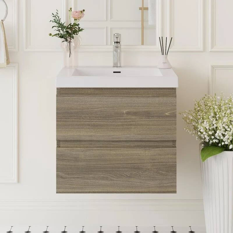 ABRUZZO 24" Floating Single Bathroom Vanity Wall-Mounted with Integrated Resin Top Basin 2 Soft Close Drawers Full Assembly