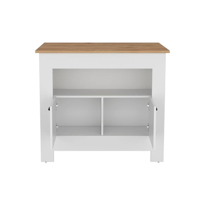"Modern 35" Kitchen Island, White and Macadamia Finish, 2 Doors, 3 Shelves, Durable Wood"