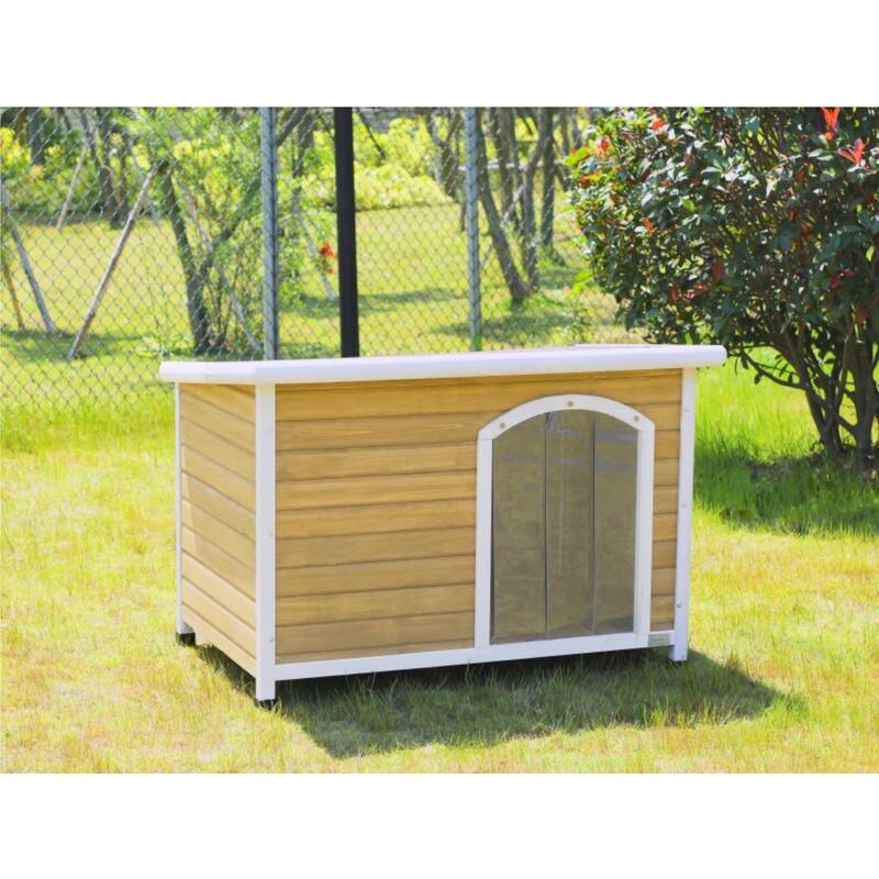 Large Wooden Outdoor Dog House with Waterproof Roof and Raised Floor - Yellow