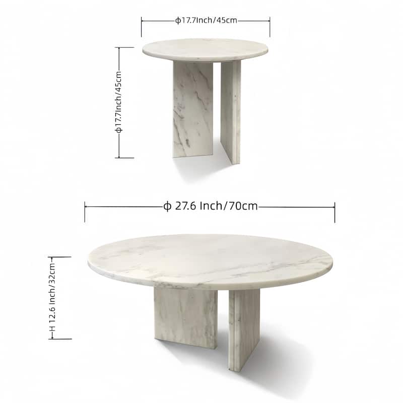 Roomfitters Marble Coffee Table Set, Round Living Room Tables, Solid Stone Modern Accent Table Set, Genuine Marble