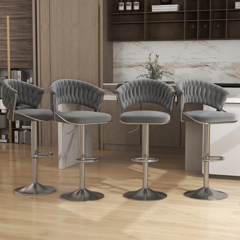 Set of 4 Modern Velvet Adjustable Bar Stools with Backs - Set of 4 - Grey Silver