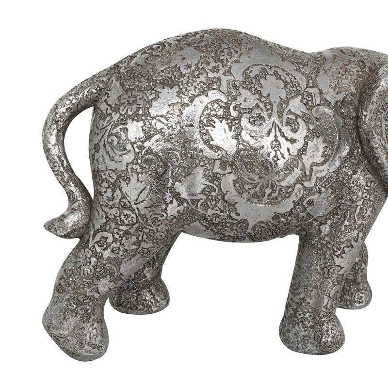 Silver Polystone Engraved Floral Elephant Decorative Sculpture