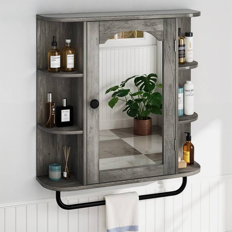 Modern Wall Bathroom Storage Medicine Cabinet with Adjustable Shelves and Towel Rack - Grey