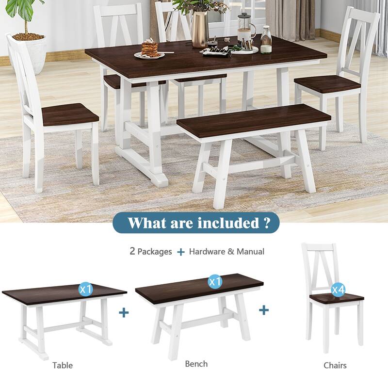 6-Piece Wood Dining Table Set Kitchen Table Set with Long Bench and 4 Dining Chairs, Farmhouse Style