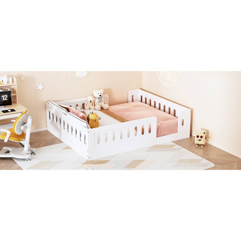 Roomfitters Full Size Wood Platform Bed with Semi-Enclosed Guardrail, Low Profile