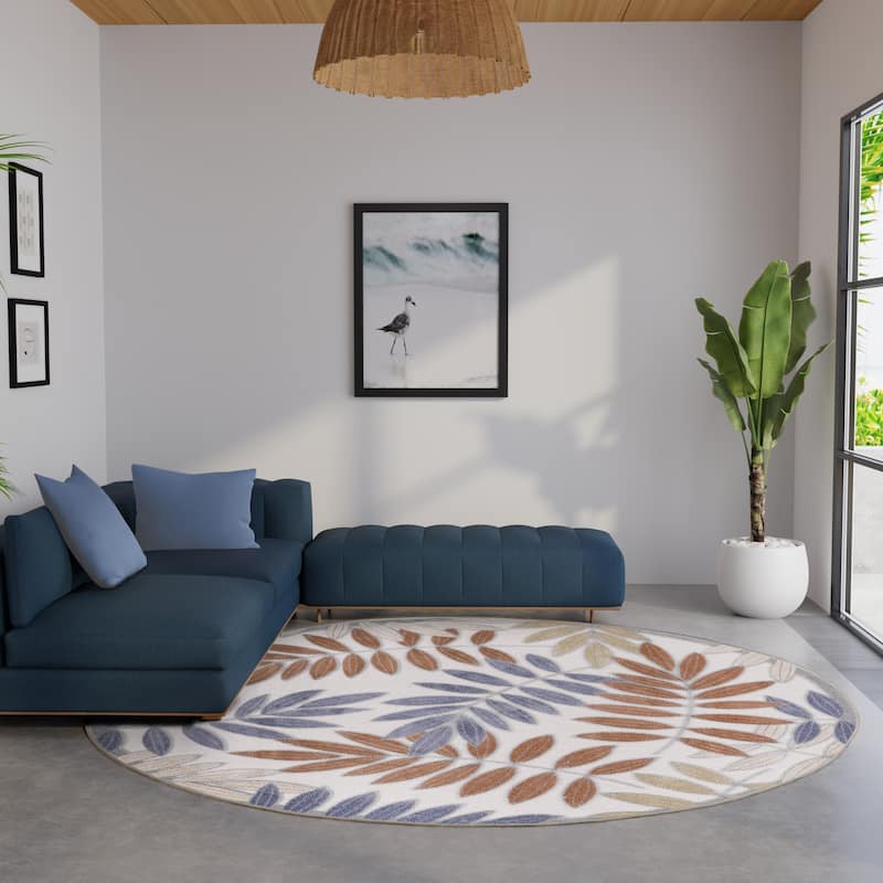 Nourison Alice Indoor/Outdoor Floral Area Rug - 7'10" x Round - Blue/Mocha