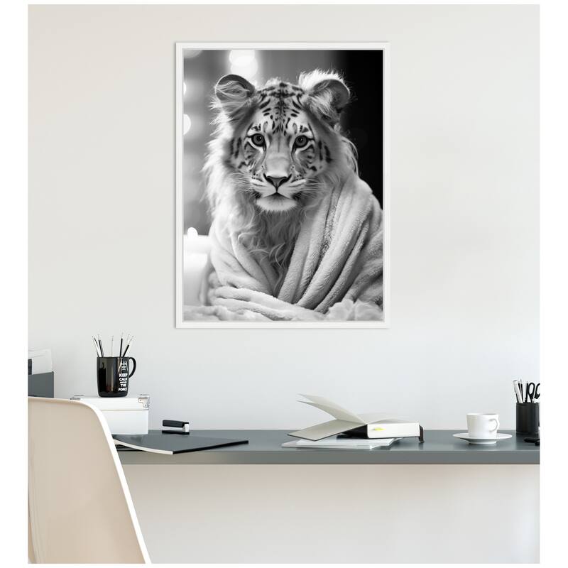 Kate and Laurel Sylvie Tiger Glam Bathroom Towel Robe Black and White Framed Canvas by The Creative Bunch Studio