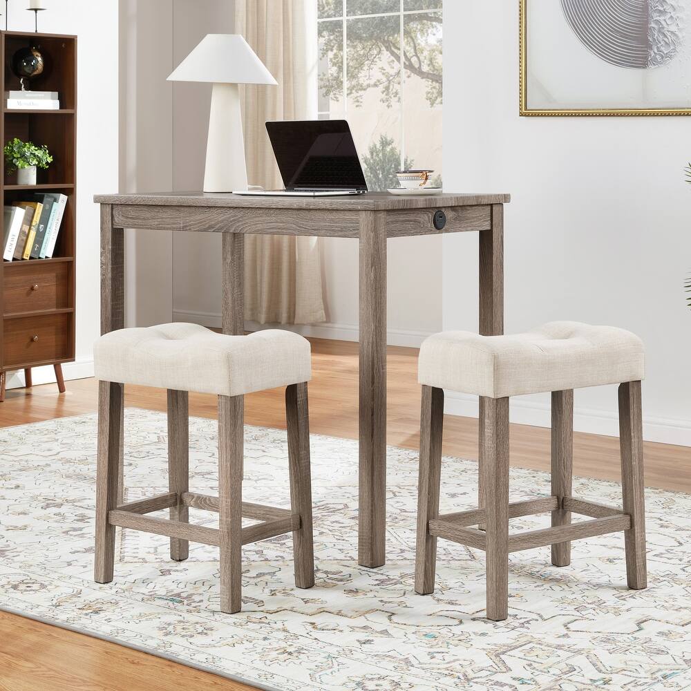 Modern 41.5"L Bar Table with Two 24"H Saddle Counter Stools and Built-in Power Outlets