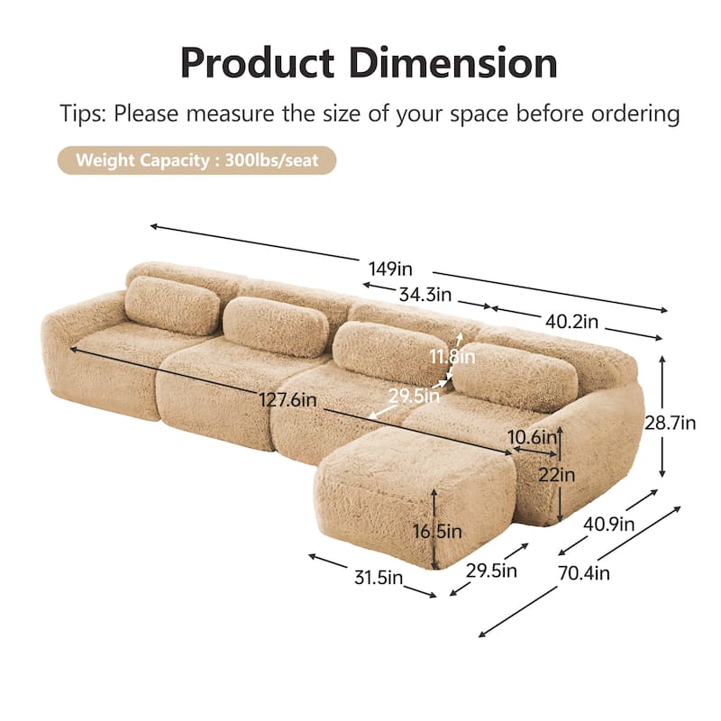 Homy Casa Light Khaki Modular Sectional Sofa, Soft Plush Fabric Cloud Couch with Anti-Slip Base & Decorative Pillows