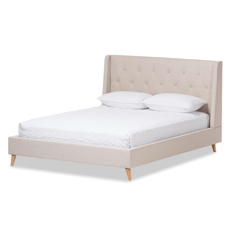 King Size Platform Bed with Winged Headboard - Upholstered Fabric Bed Frame - Beige Bedroom Furniture
