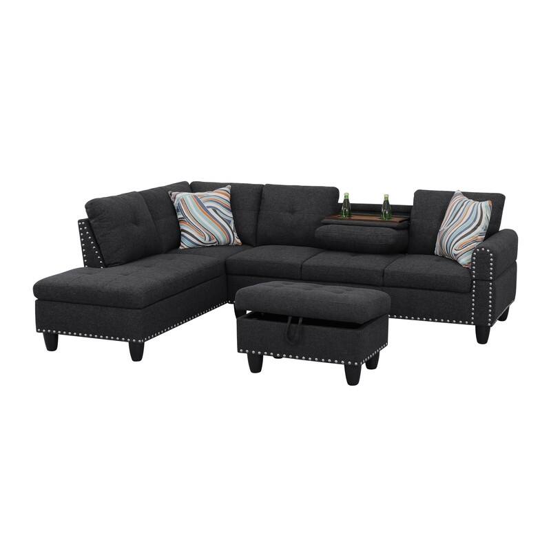 Modular Living Room Sectional with Storage Ottoman and Flip-Top Console, Black or Gray