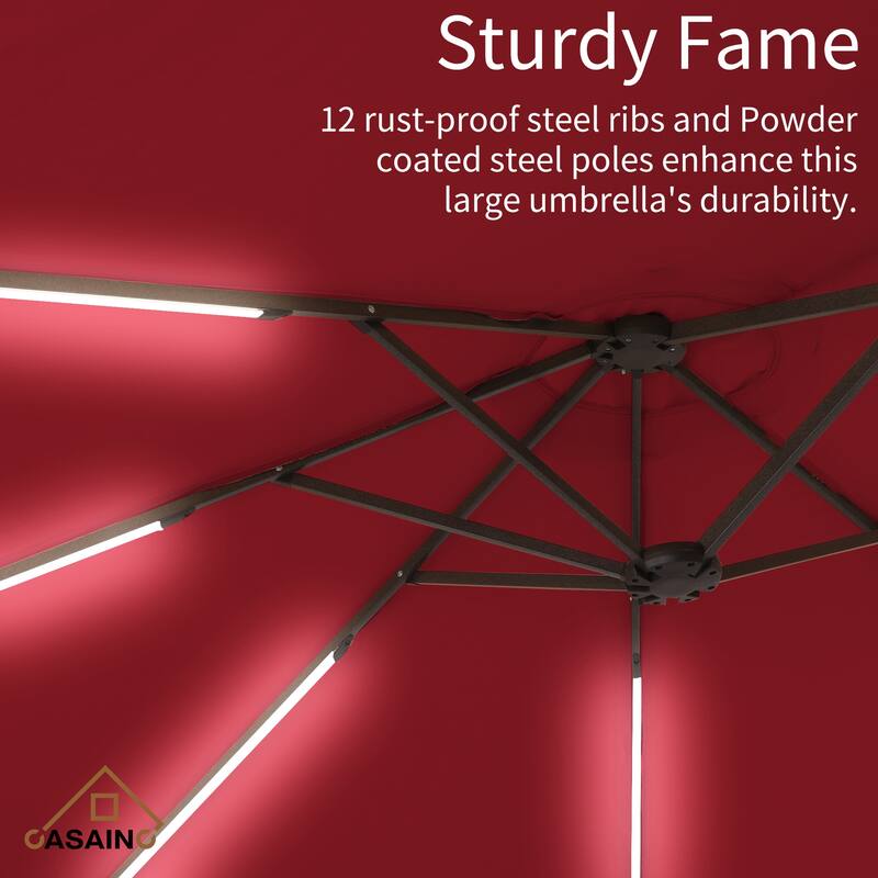 15 ft. Crank Double-sided Solar LED Ultra Lighted Outdoor Market Umbrella with Base Included