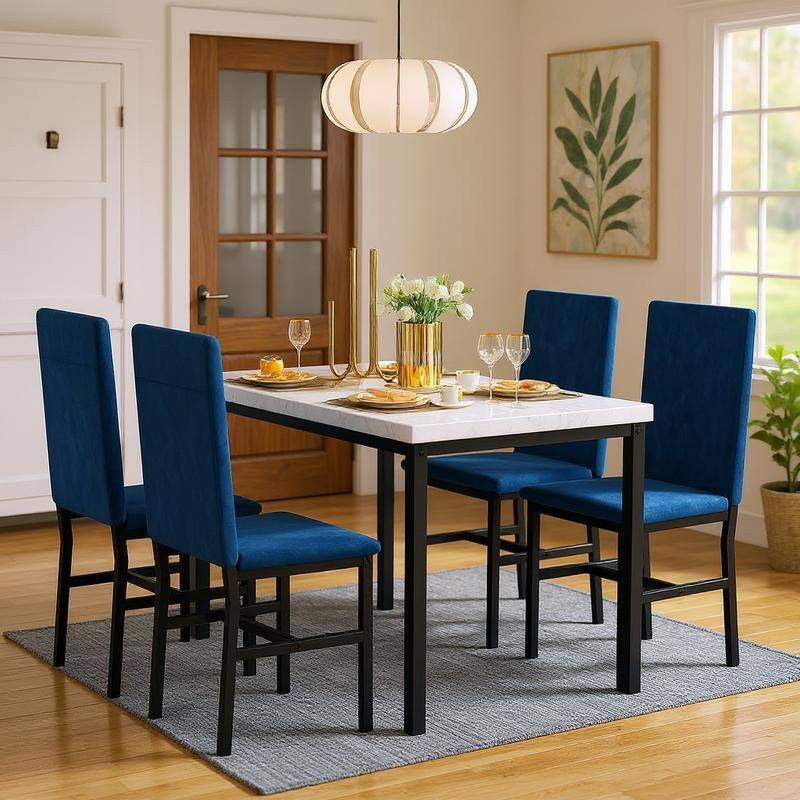 Grondin Modern Style Faux Marble Top 5-Piece Casual Dining Room Table Set with 4 Velvet Upholstered Dining Chairs