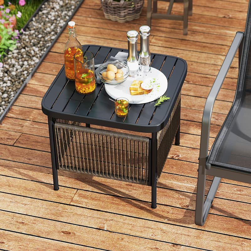 Outdoor Rustic Wood Patio Side Table with 2-Tier Storage and Umbrella Hole Metal Frame - 20.5" x 18" x 18"