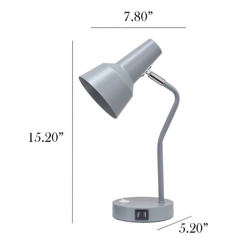 Modern Metal Gooseneck Desk Lamp with Dual USB Charging Ports Adjustable Arm Multiple Colors - 7.8" (L) x 5.2" (W) x 15.2" (H)