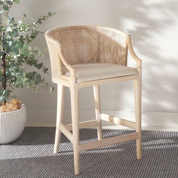 SAFAVIEH Brando Counter Stool with Rattan Barrel Back and Cushioned Seat - 22"W x 21"D x 35"H