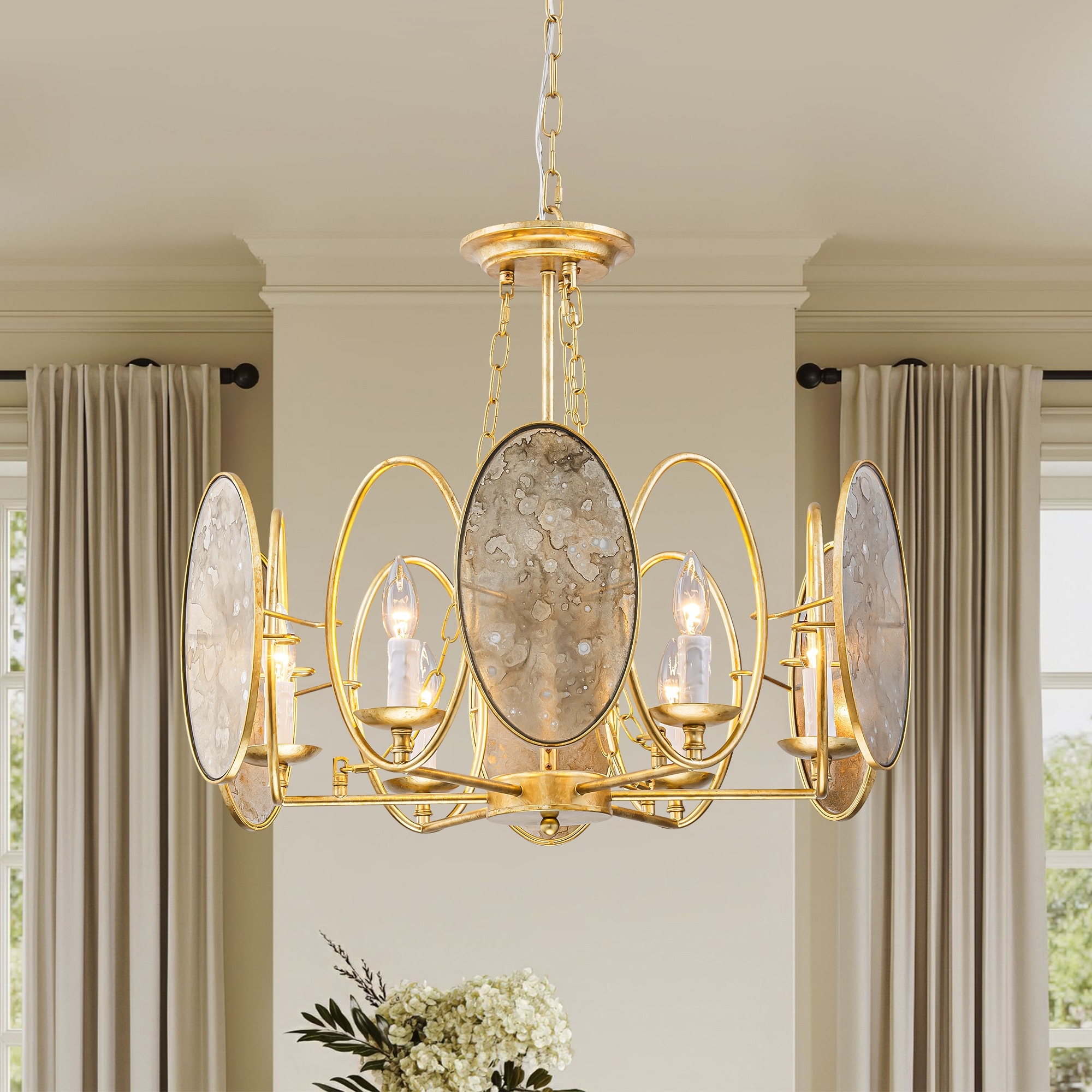 6-Light Retro Antique Gold Finish with Distressed Glass Mirror Panel Candle Style Chandelier for Living Room