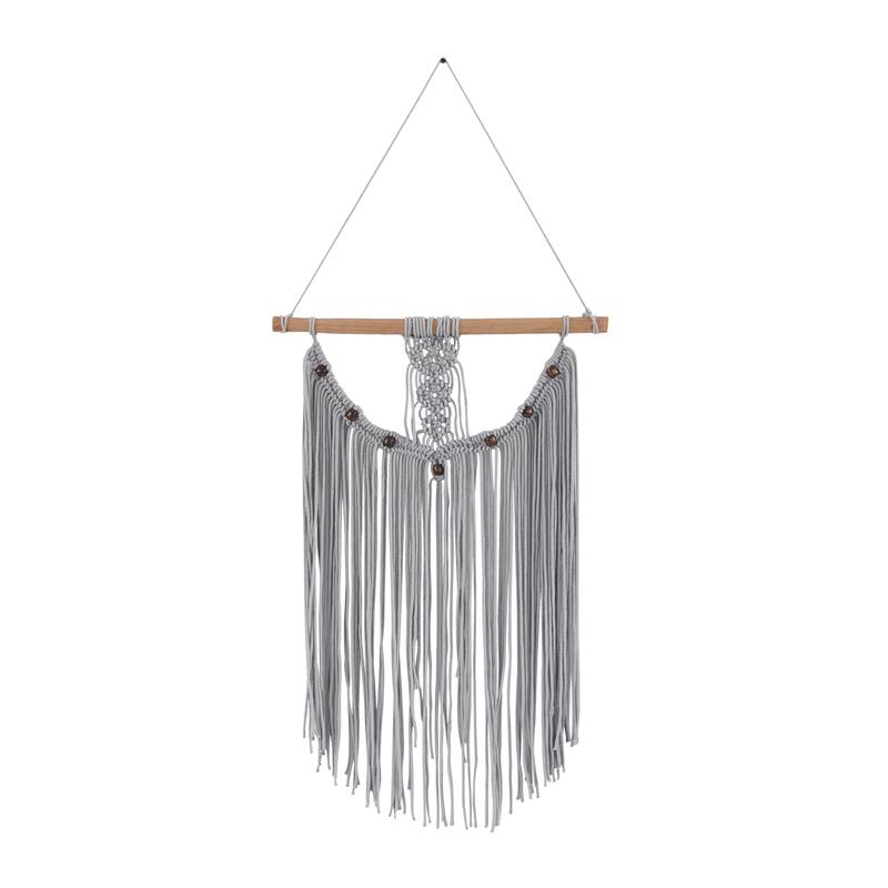 Cotton Fabric Macrame Handmade Intricately Weaved Wall Decor with Beaded Fringe Tassels - Gray - Roche River Decor