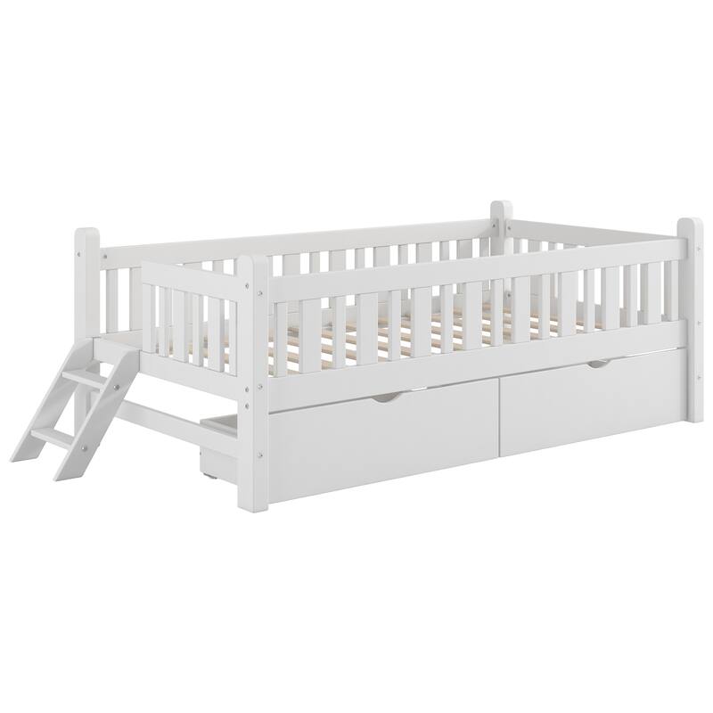 Bedroom Wood Twin Size Platform Bed with Both Sides Guardrail and 2 Storage Drawers, Kids Bed Frame with Slats Support