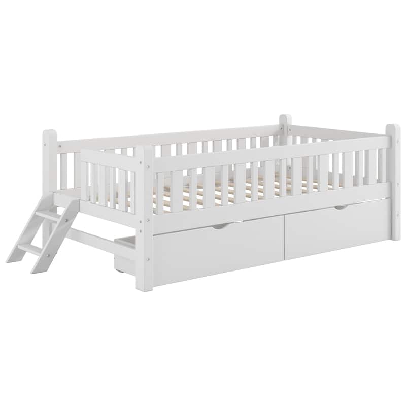 Low Twin Platform with 2 Drawers & Guardrails for Kids Room