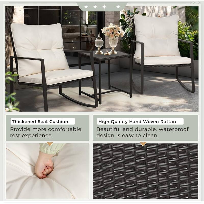 SUNCROWN 3-piece Outdoor Patio Brown/Black Wicker Rocking Chairs Conversation Bistro Set