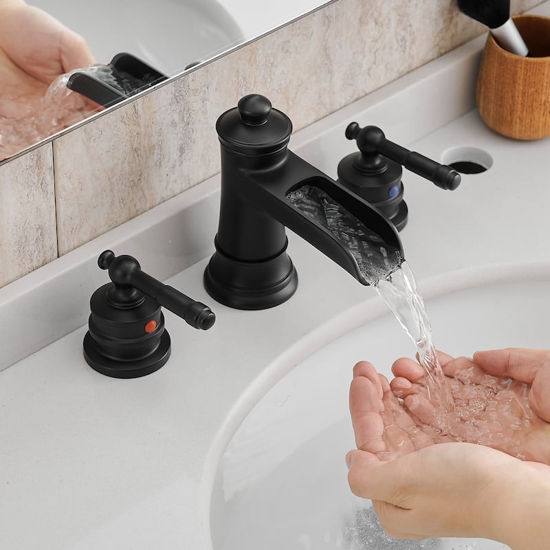 Double Handle Three-Hole Bath Waterfall Faucet with Drain