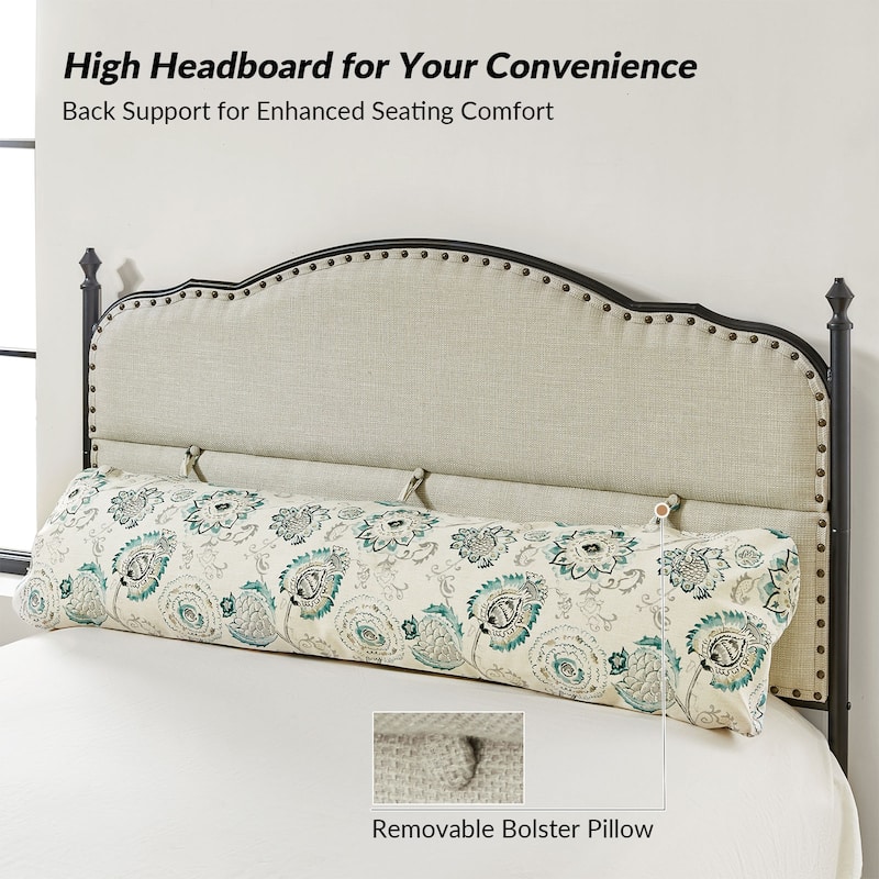 Eulalia Transitional Upholstered Platform Metal Bed Frame Four Poster Bed with High Headboard&Pillow