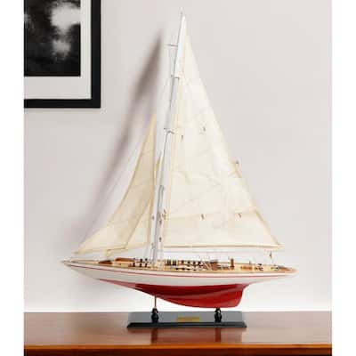 HomeRoots 32" Red and White Solid Wood Hand Painted p-Oxybis(benzenesulfonyl hydrazide) Model Boat - 24' X '31.5' X '4.5