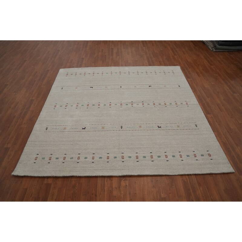Hand Knotted Oriental 100% Wool Carpet Tribal Animal Pictorial Beige & Ivories Gabbeh Area Rug - 8' 0'' X 8' 2''
