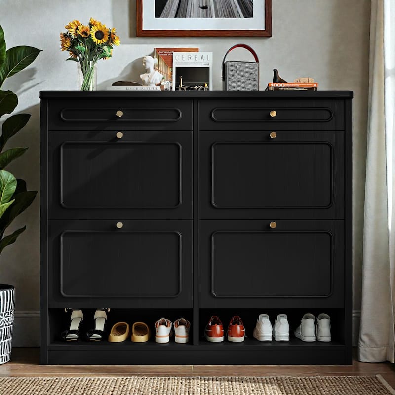 Wooden Shoe Cabinet with 4 Flip Drawers and 2 Storage Drawers, Farmhouse Shoe Storage Cabinet for Entryway Hallway - Black