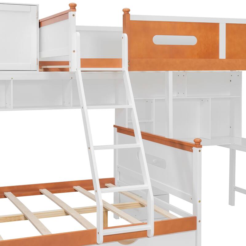 Twin over Full LED Bunk Bed with Built In Desk, Solid Wood Loft Bed and Platform Bed with Shelves, Cabinet and Drawers