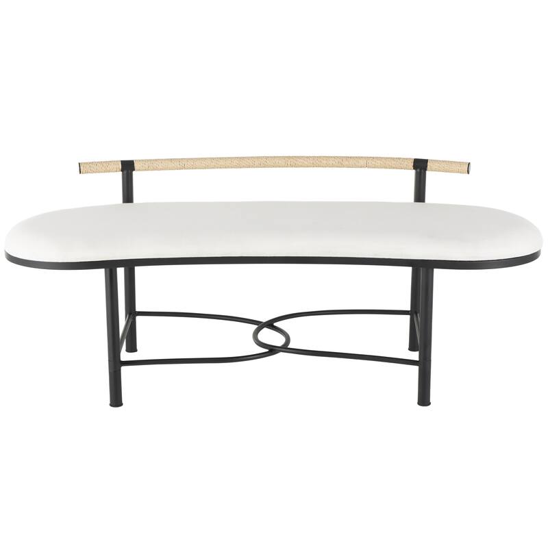 Metal Abstract Upholstered Oval Home Bench with Black Metal Frame and Rope Rod Backrest - White - Roche River Decor - White