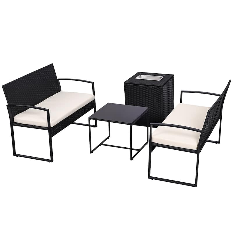 4-Piece Wicker Outdoor Sofa Set, 2 Loveseats, 1 Table, 1 Ice Bucket