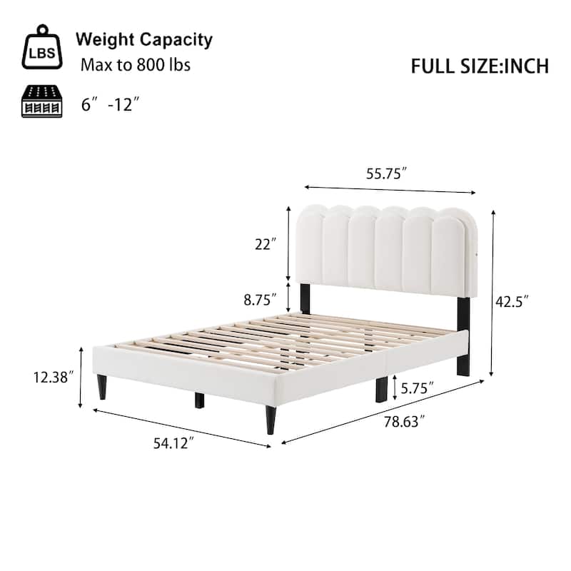 Boucle Fabric LED Bed Frame, Cream Style Upholstered Platform Bed with Lambswool Petal Headboard