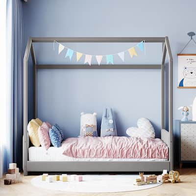 Twin Size House Bed Velvet Platform Bed with Roof and Pine Frame
