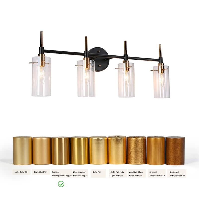 Alva Modern 4-Light Black Gold Bathroom Vanity Lights Cylinder Glass Wall Lamp - 27.5" L x 6" W x 11" H