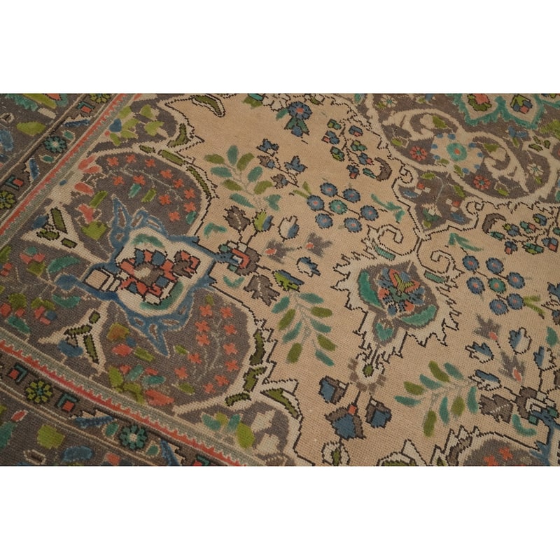 Hand Knotted Oriental 100% Wool Carpet Traditional Floral Beige & Ivories Tabriz Area Rug - 9' 5'' X 6' 5''