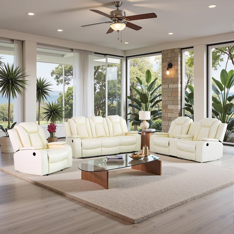Modern 3-Piece Leather Recliner Sofa Set with LED, Wireless Charging