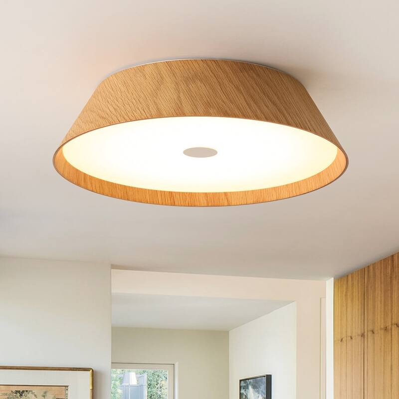 Scandinavian Wood Style Dimmable LED Flush Mount Ceiling Light 13.2in - Oak
