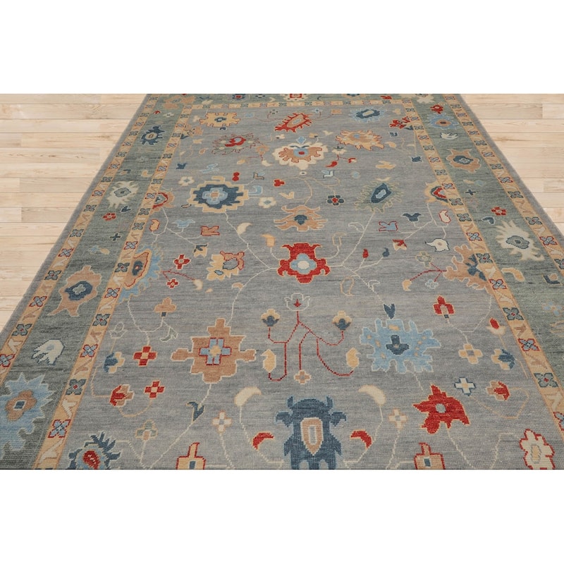 Hand Knotted Oushak Slate All-Over Wool Arts & Crafts Oriental Rug - 9' 1'' x 11'