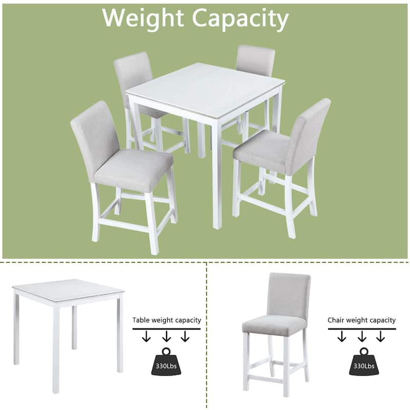 GDFStudio - Hamilton 5-Piece Classic Crystal Design Wooden Counter Height Dining Table Set with 4 Upholstered Chairs